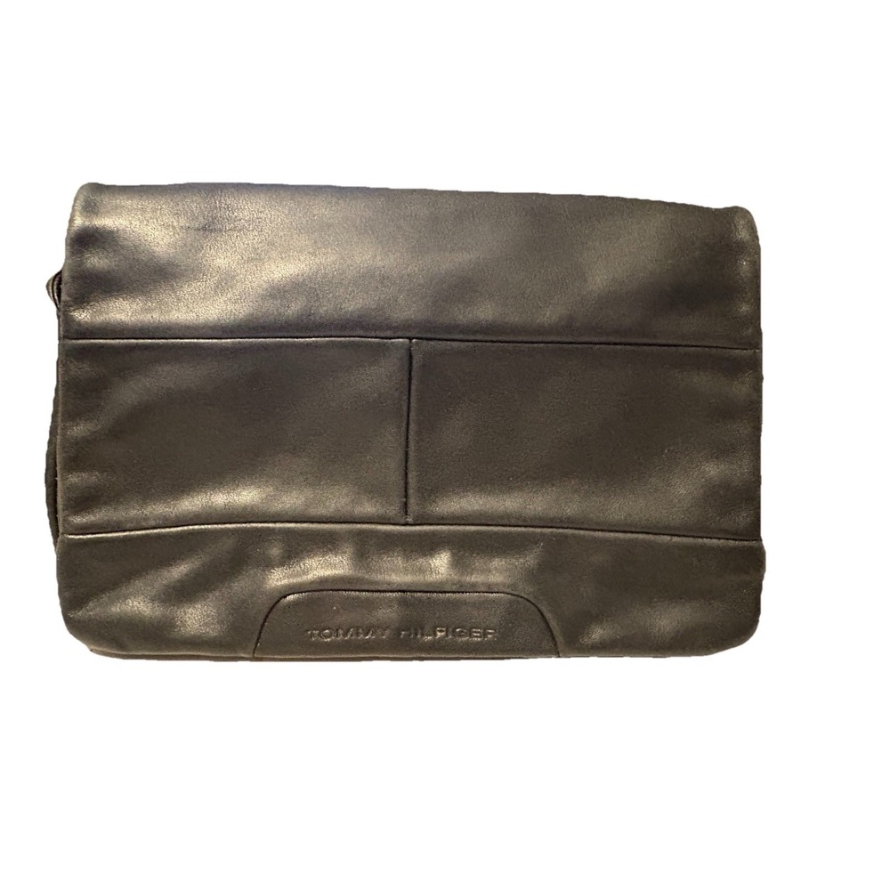 Vintage Tommy Hilfiger Black Leather Crossbody Bag Flap Y2K Minimalist Preppy TH